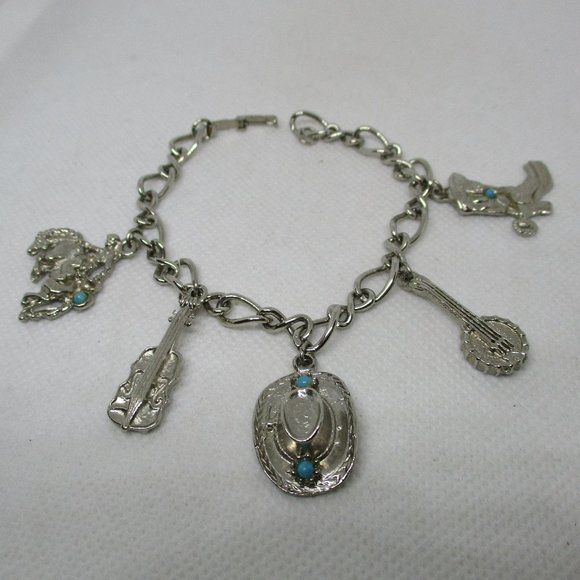 WESTERN CHARM BRACELETS Southwestern Silver Tone Charm Bracelet Turquoise Caboch - Picture 1 of 12